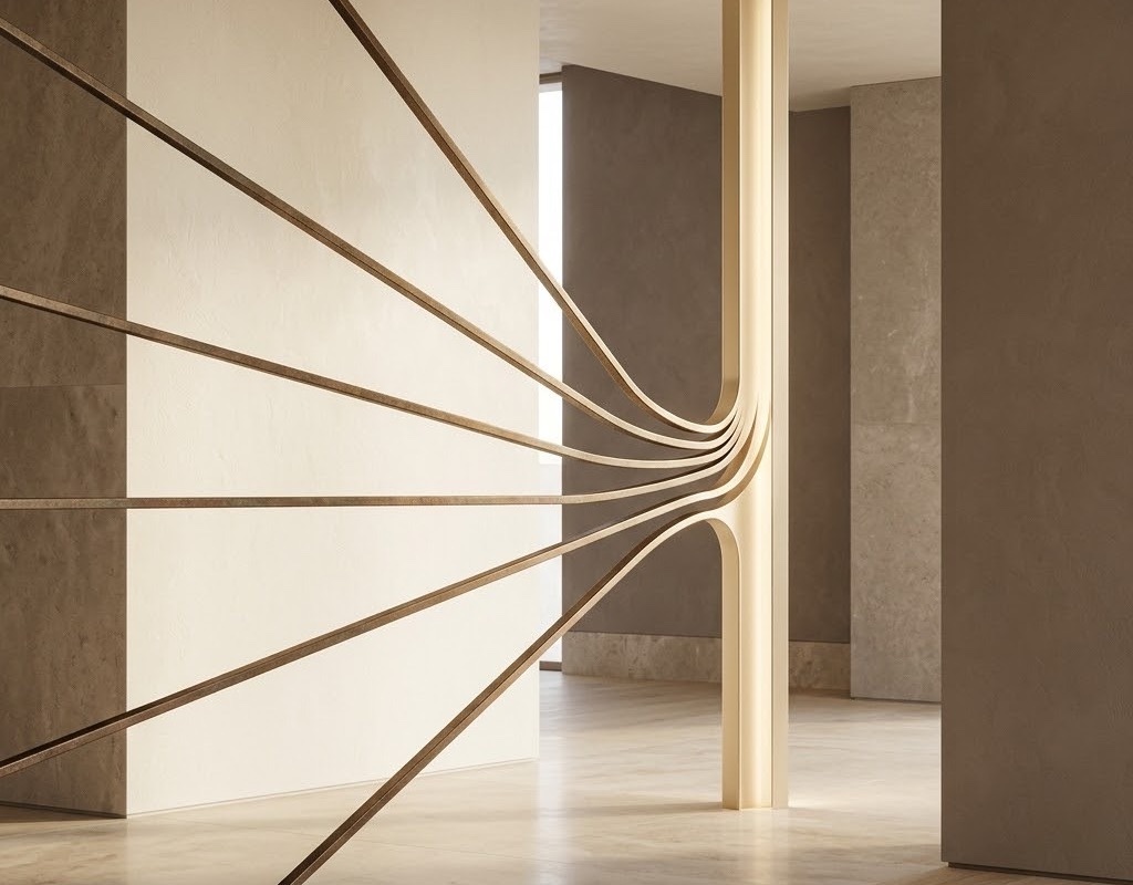 A bronze column splitting into thin horizontal fins inside a warm concrete hall.